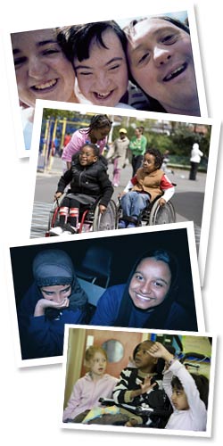 Montage of images: smiling teenagers (two have Down's Syndrome), wheelchairs in mainstream primary playground, Pupils wearing hijab and disabled learner in primary classroom