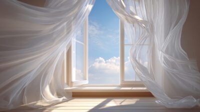 Window with blue sky and white flowing curtains