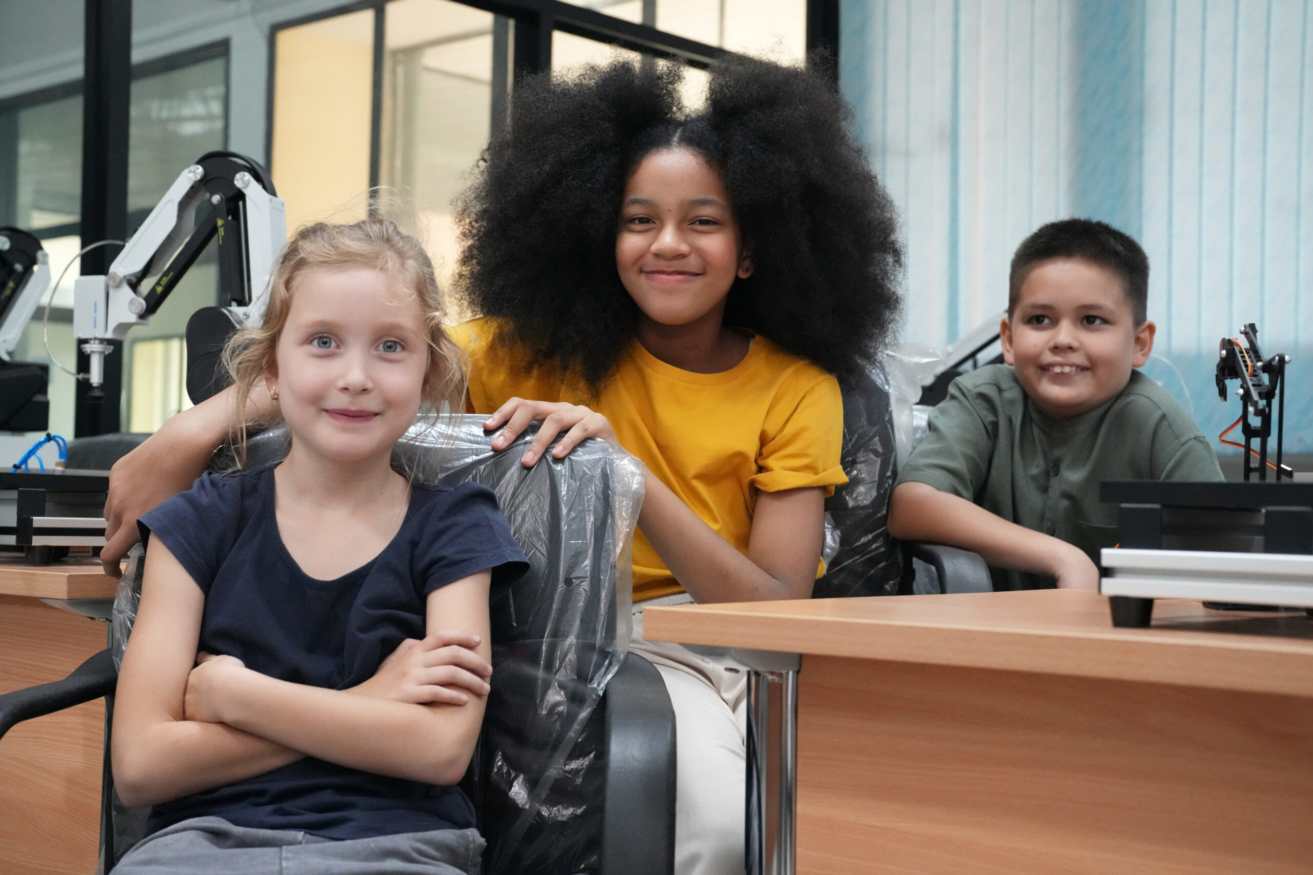 Children learning AI technology Robot with artificial intelligence system on its in science lesson