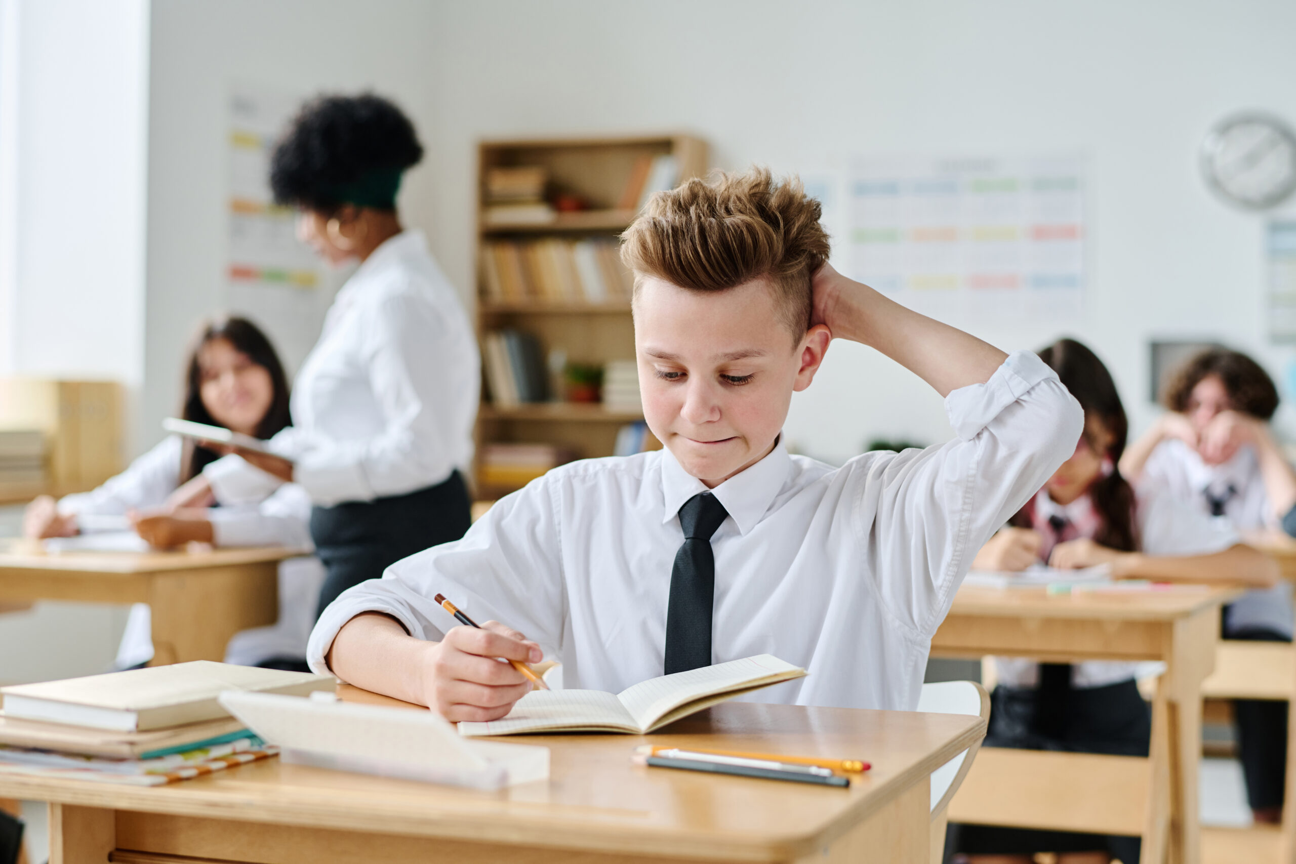 Schoolboy studying at elementary school